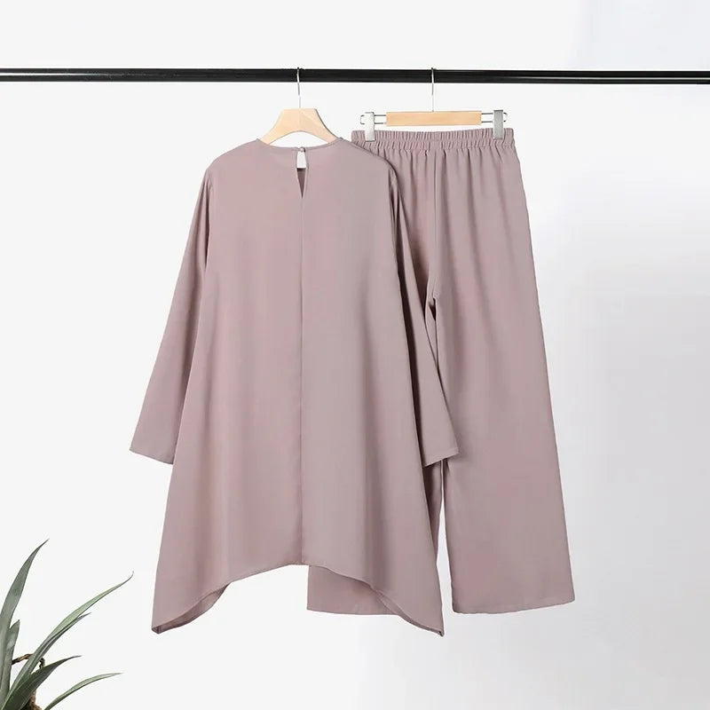 Hot Sale Of The Season Muslim Women's Fashion Casual round Neck Overhead Long Pants Midi Skirt Set Solid Color Middle East Cross