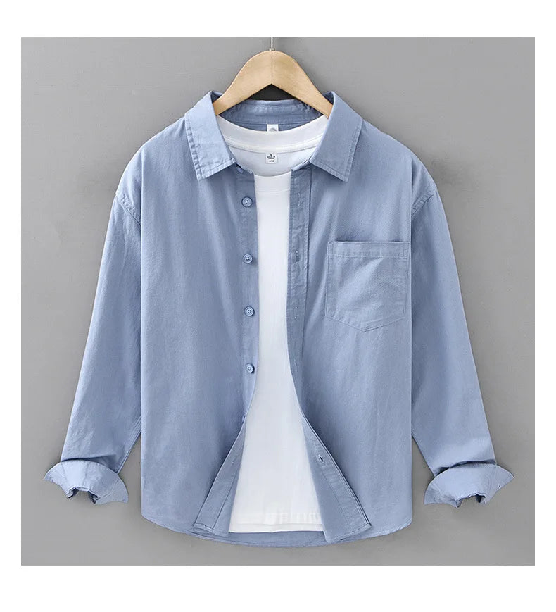 Basic Men's Long-Sleeve Cotton Shirt - Casual and Versatile Spring Style 100% Cotton Solid Color Casual Shirt