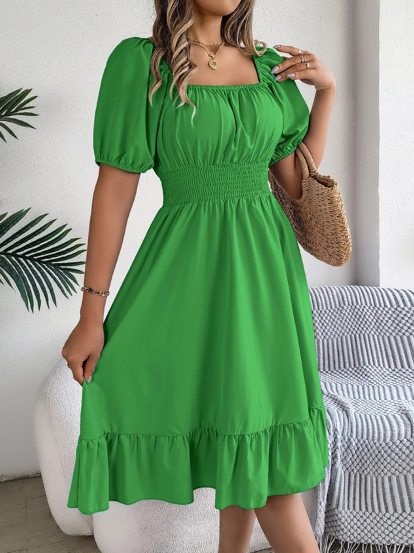 Spring Summer Elegant High Waisted Dress Square Neck Short Sleeved Ruffled Edge Long Dresses for Women 2026 Valentine's Day