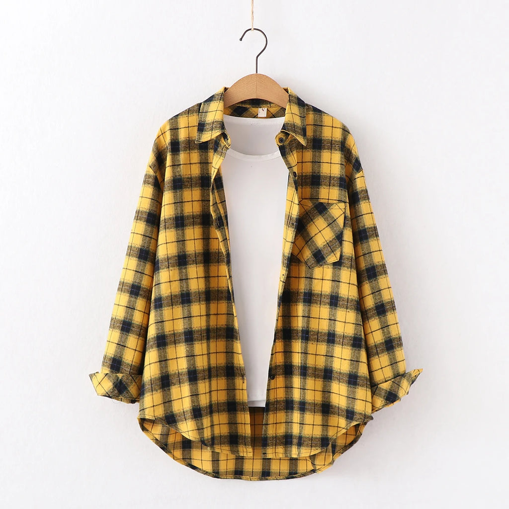 Fresh Flannel Plaid Shirt Women 2025 New Female Blouses and Tops Cotton Loose Long Sleeve Casual Shirts Fine Women's Clothes