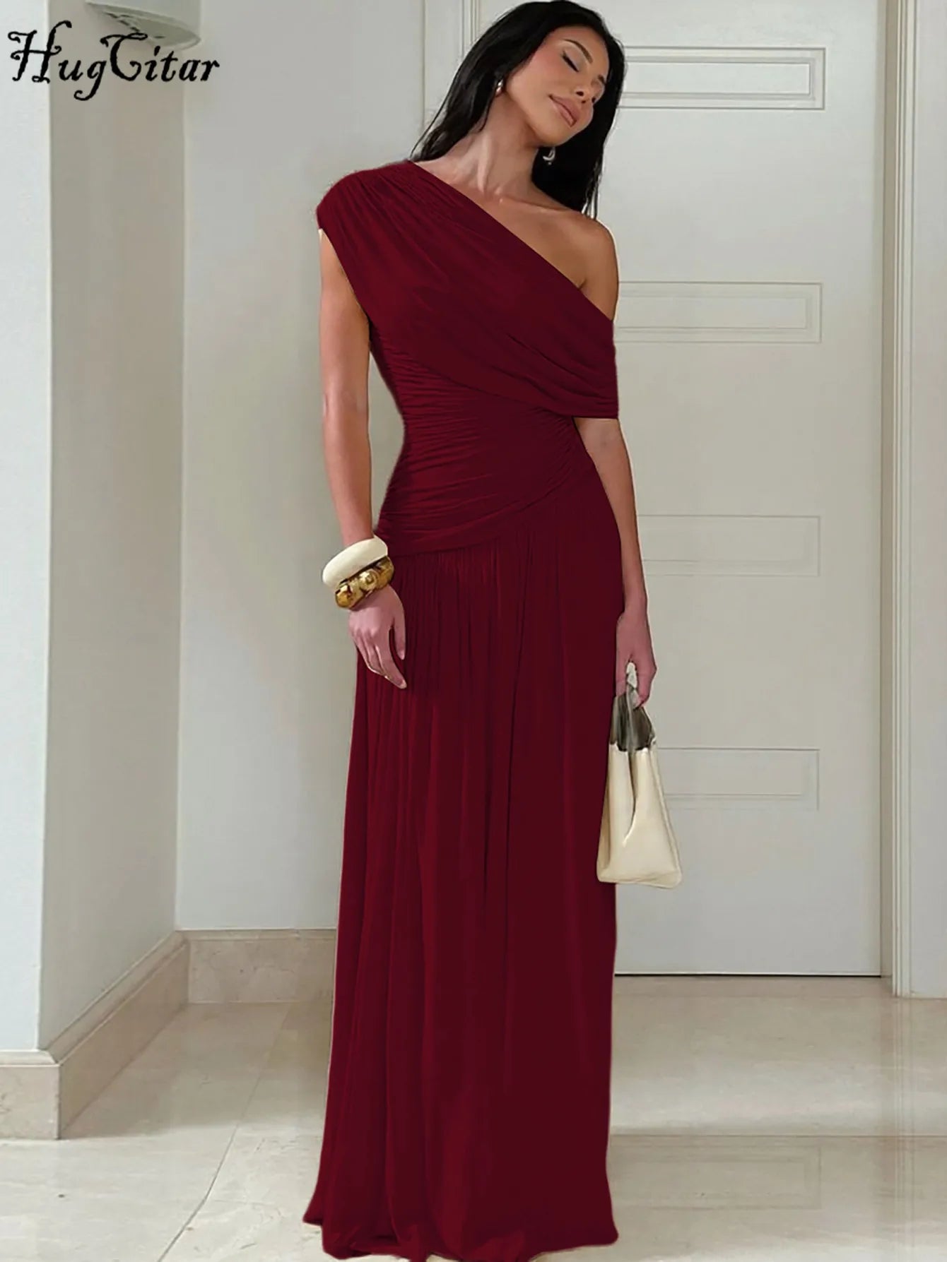 Hugcitar One Shoulder Ruched Sleeveless Solid Pleated Sexy Irregular Y2K Maxi Dress Summer Elegant Party Women Clothes Vacation