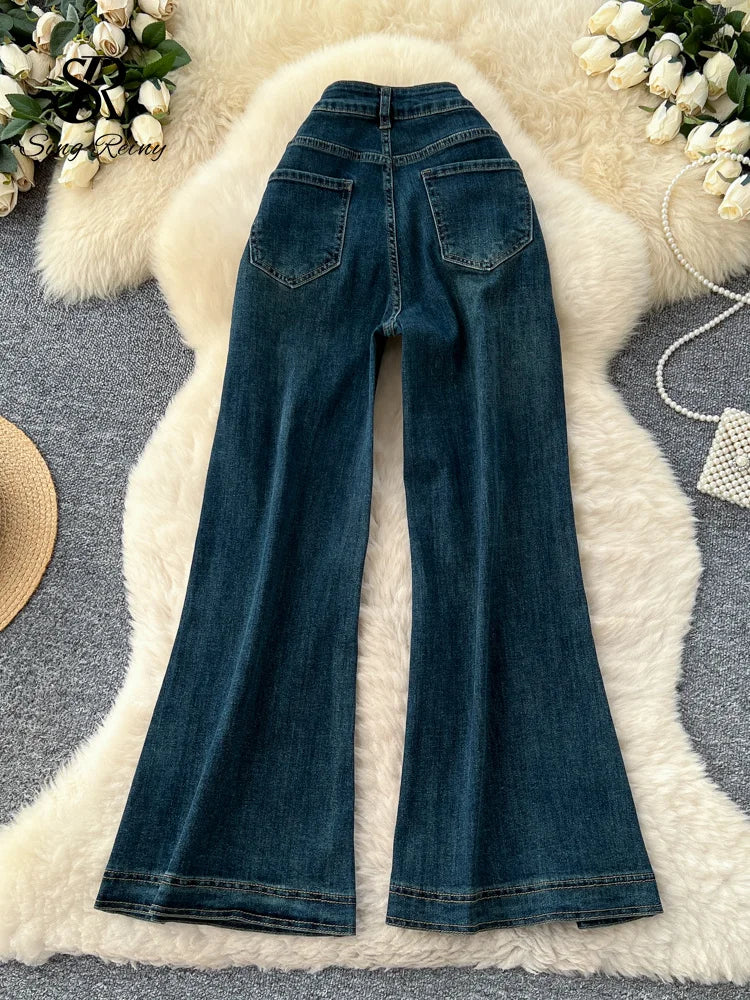 SINGREINY Female Do Old Vintage Jeans Zipper Casual Trendy Street Long Pants Chic High Waist Classic Versatile Boot Cut Trousers