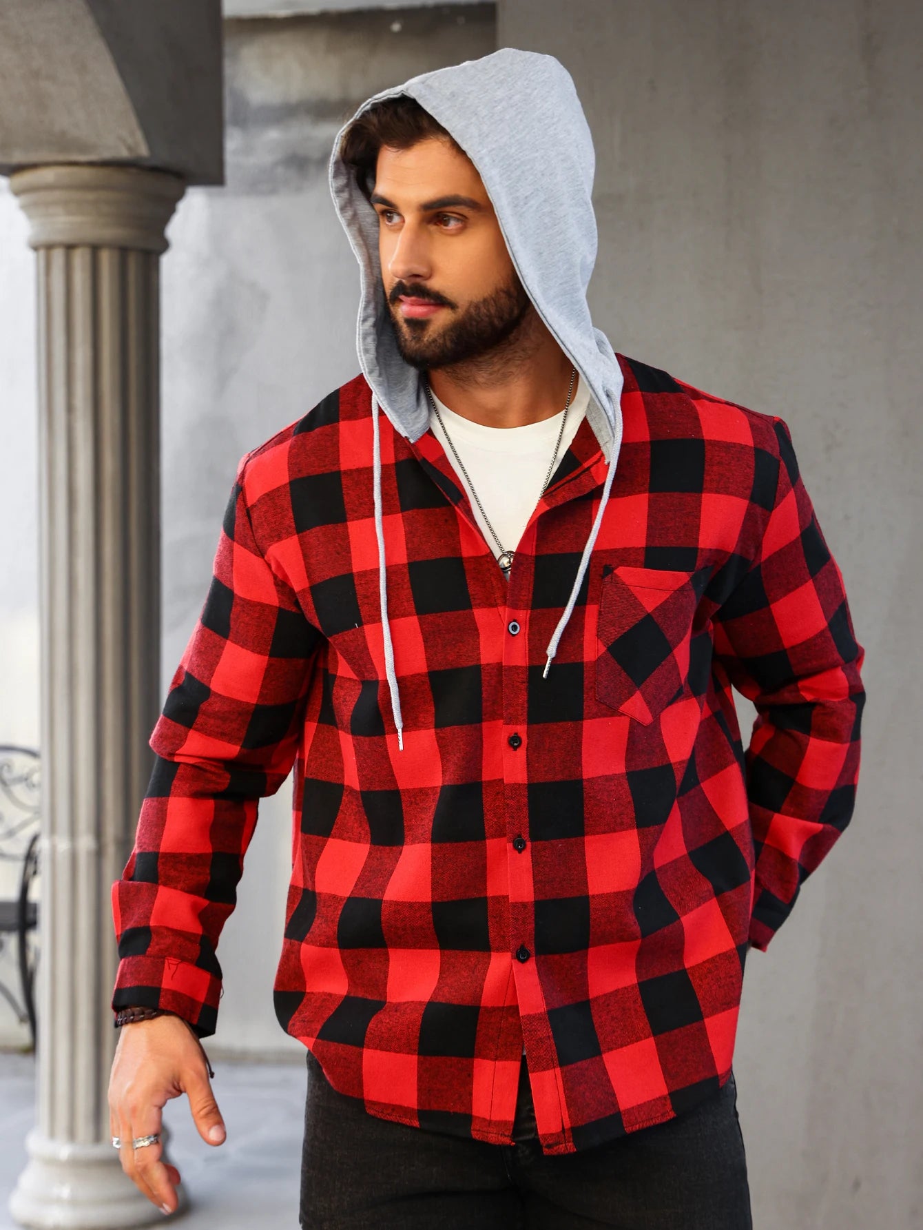 Mens Colorful Plaid Hooded Cardigan Color Block Sweatshirt with Pockets Top Jacket