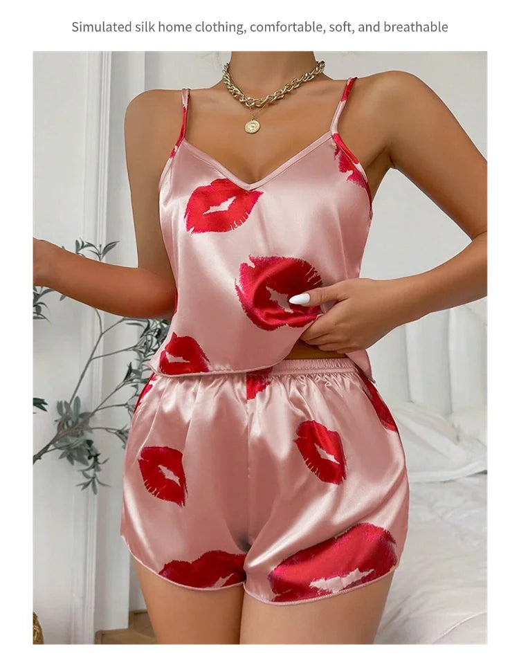 Women's Cute Heart Print Satin Pajama Set - V Neck Cami Top and Elastic Shorts for Comfortable Sleep and Lounging Homewear