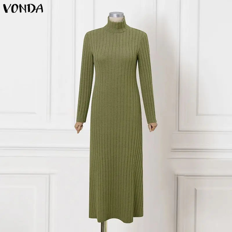 VONDA Women Turtleneck Sweater Dresses Autumn Long Sleeve Knitted Maxi Vestidos Elegant Office Streetwear Solid Party Robe Femme