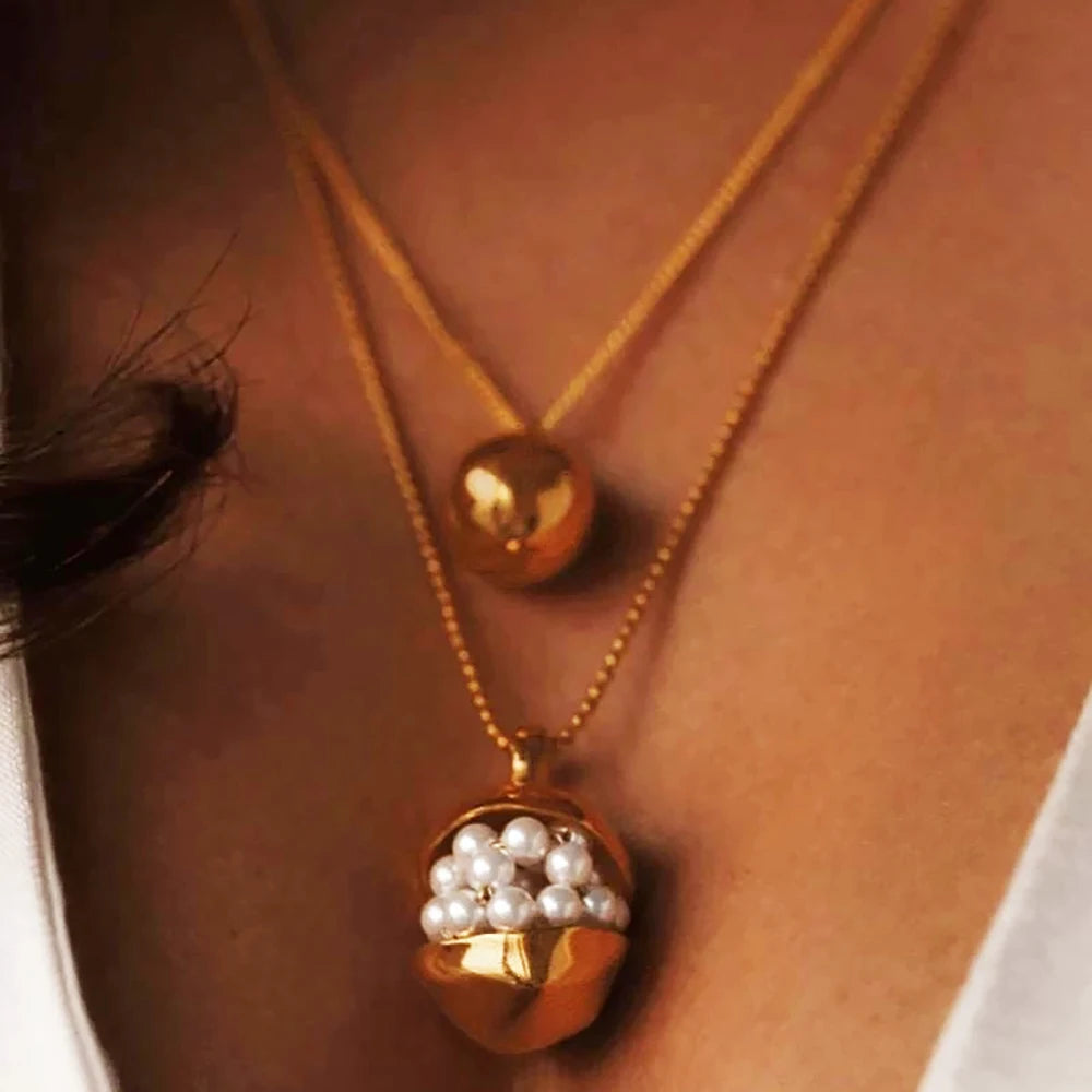 18K Gold Plated Pearls Pendant Necklace Waterproof Stainless Steel Round Bead Chain Chunky Geometric Femal Party Jewelry Gifts