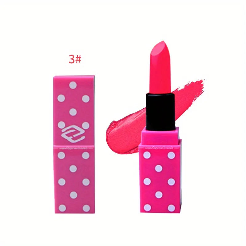 8 Colors Super Cute Girls Lipstick, Pink Polka Dots Design Long Lasting Non-fading Waterproof Velvet Lip Color, Non-Stick Cup