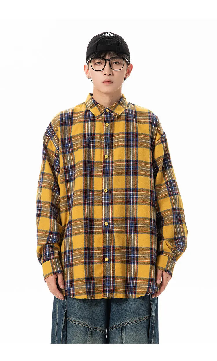 Plaid Shirt with Long Sleeves, Loose Fit, for Casual Men, Harajuku Style, Spring and Autumn Brushed Cotton Shirt.Oversized