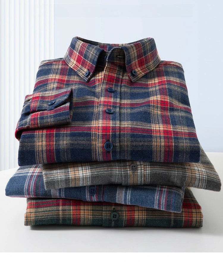 100% Cotton Flannel Shirt Men's, Plaid Casual Jacket, Anti-Wrinkle, Multi-Color Gold Quality Long-Staple Cotton M-4XL