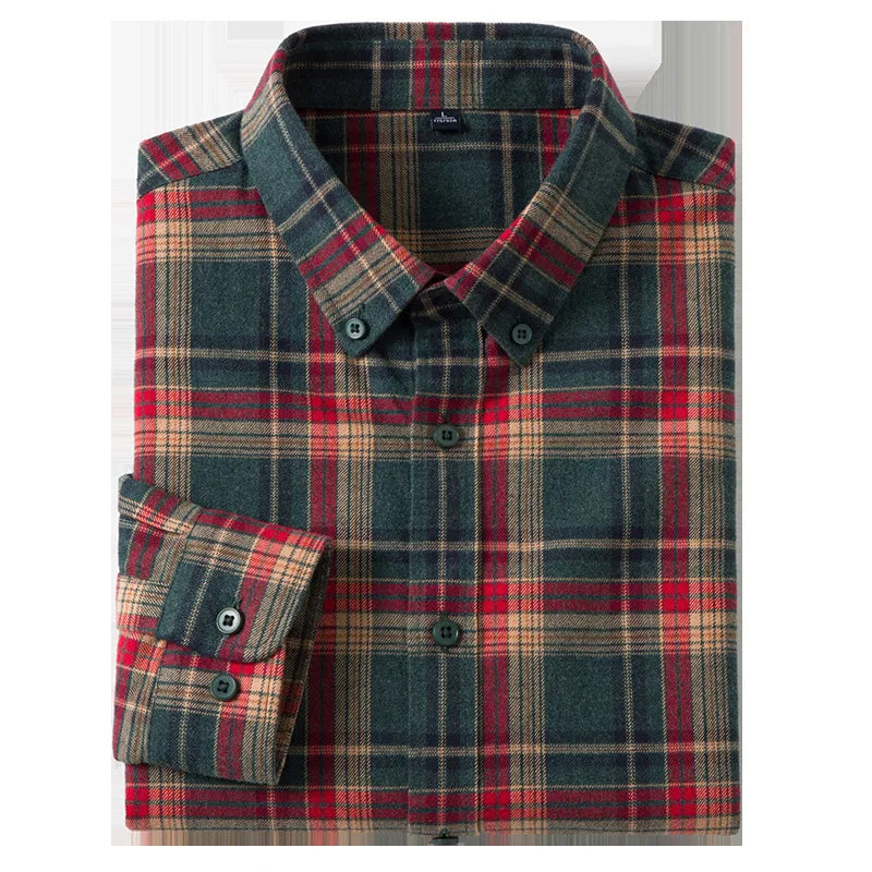 Men's Plaid Long Sleeve Shirt Fleece Finish Casual Style High End Feeling Autumn Winter Collection Fashionable Youth Urban Wear