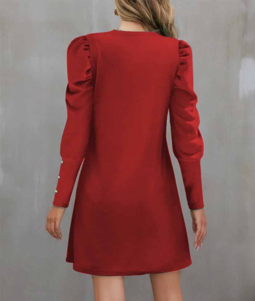 2025 Spring and Autumn New Round Neck Bubble Sleeve Button Decorative Long Sleeve Dress