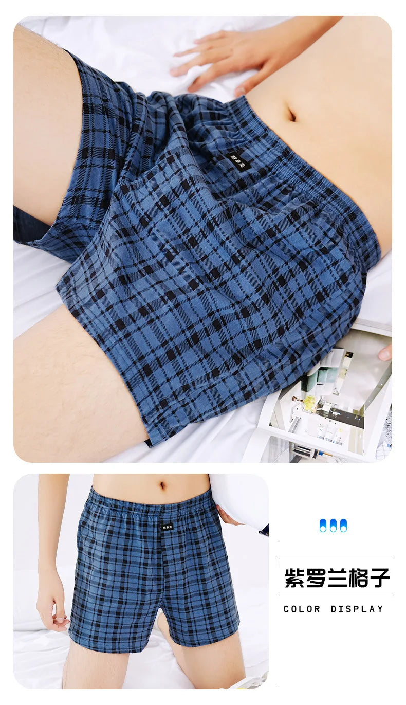Breathable Cotton Men's Mid-Waist Shorts Plus Size Loose-Fit Plaid Underpants For Home Sleep Summer Loungewear
