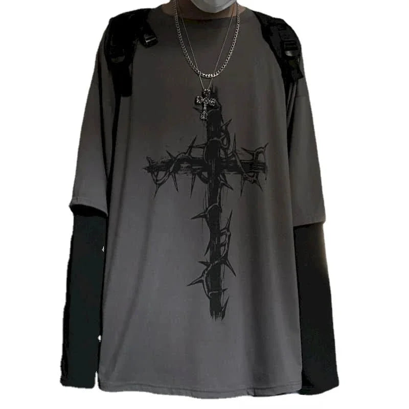 T-shirt for Men Summer Cross of Thorns Suitcase Men's T-shirts Long-sleeved Dark Hip-hop Men's oversize t-shirt Y2k T Shirt Tops