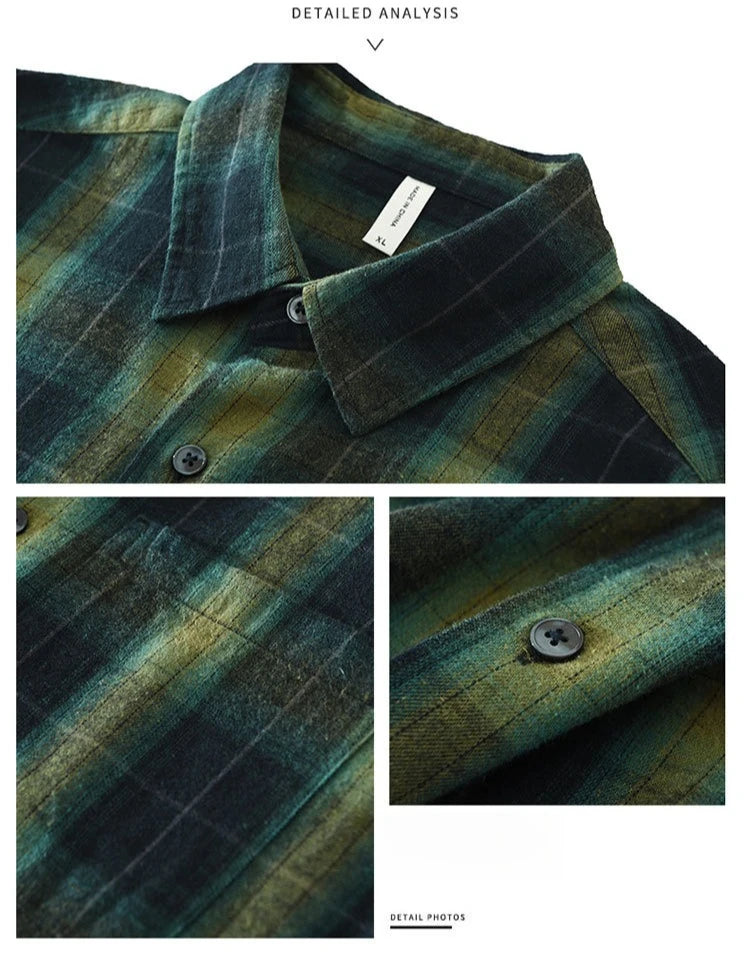 Oversized 100% Cotton Men's Plaid Shirt, Japanese Casual Style, Green Coffee Check Camping Fishing