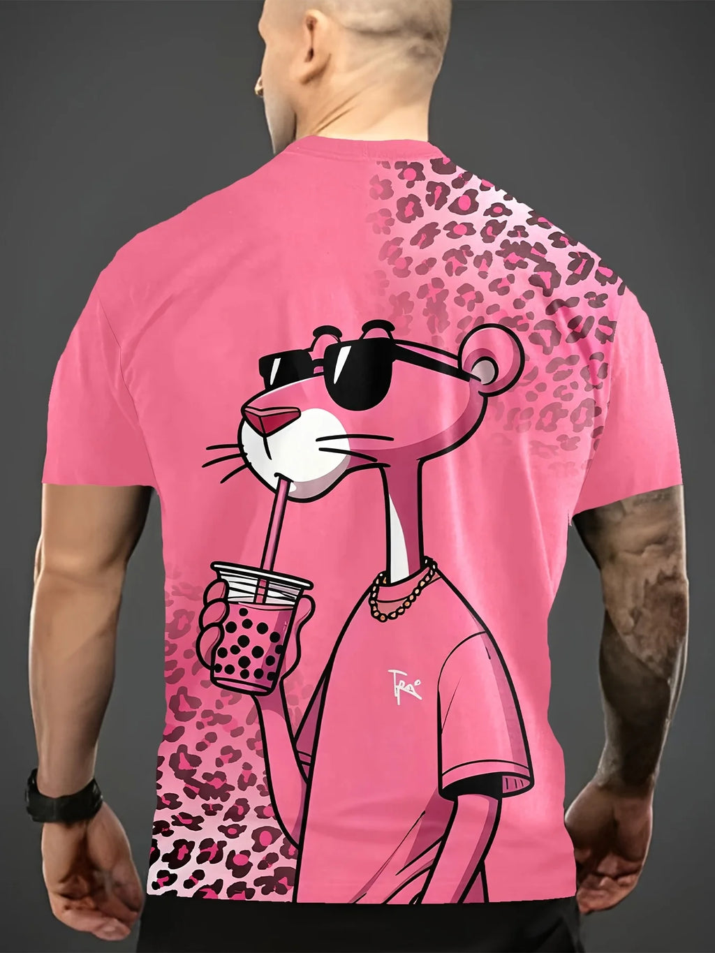 Men's Plus Size Casual Sports Tee - Pink Leopard Print with Stylish Cartoon Rat Graphic,Polyester,Machine Washable,Workout