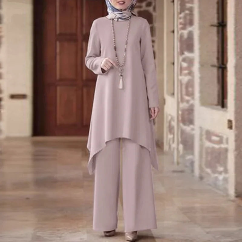 Hot Sale Of The Season Muslim Women's Fashion Casual round Neck Overhead Long Pants Midi Skirt Set Solid Color Middle East Cross