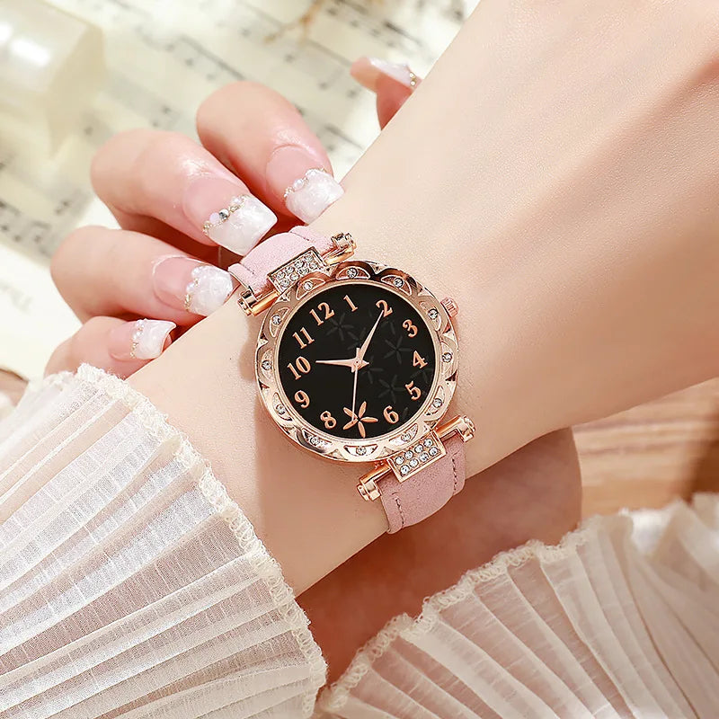 Fashion Sunflower Dial Watch Rose Gold Women's Starfish Quartz Watch Leather Strap Temperament Water Diamond
