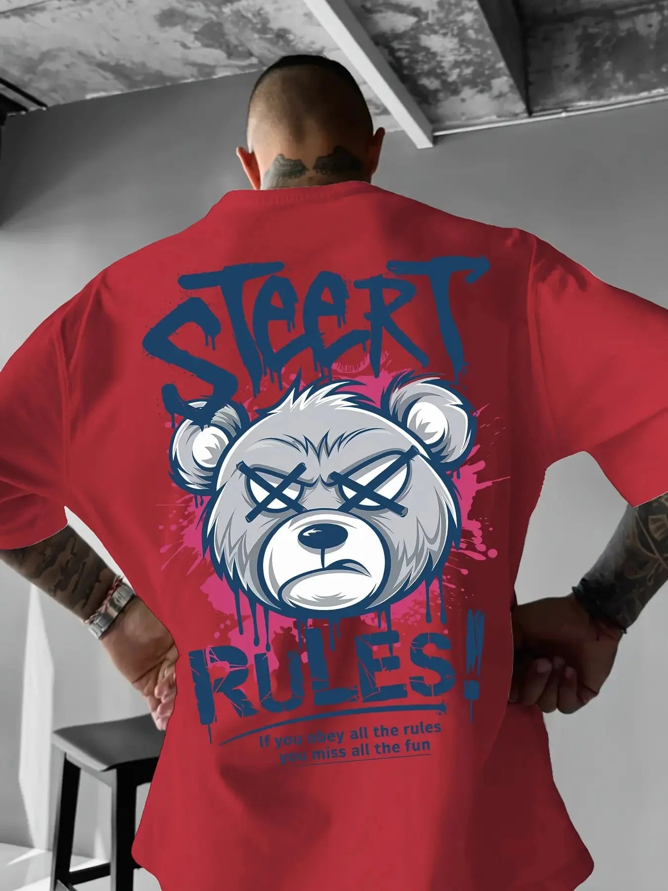 Summer Men's New Angry Bear Letter Printed Comfortable and Breathable Round Neck T-shirt Outdoor Street Versatile Top