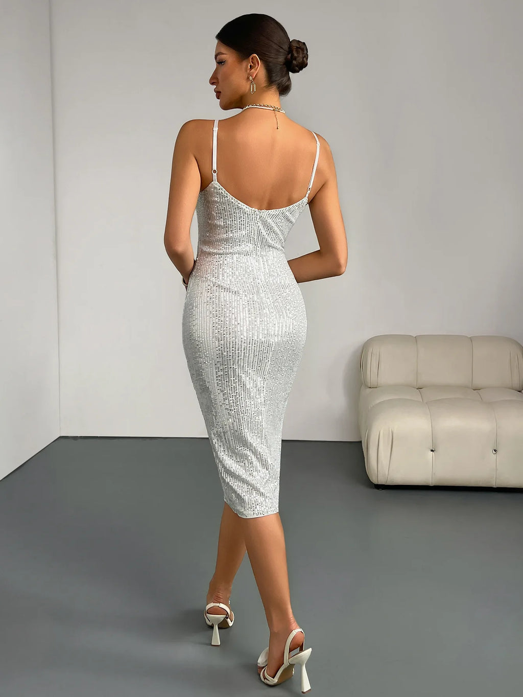 Sexy V-Neck Sequin Bodycon Midi Dress Cross-Border Elegant Adult Formal Gown Polyester Fabric No-Sleeve Long Evening Dress