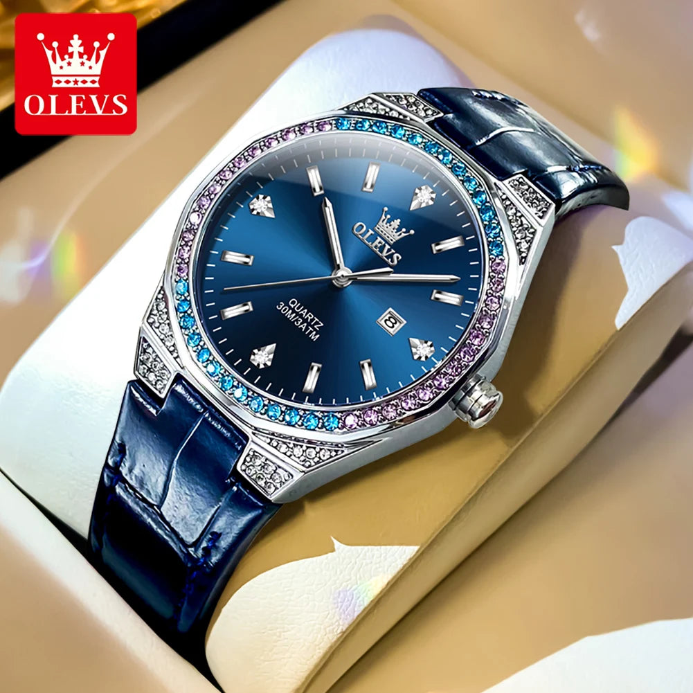 OLEVS NEW Women's Watches Pink Leather Strap Full Diamond New Style Date Waterproof Original Quartz Watch for Girl Fashion