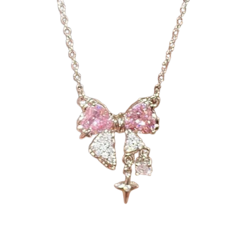 Luxury Fairy Pink Bow Shape Pendant Necklace Rings Set for Women Y2k Clavicle Chain Birthday Party Anniversary Gift Jewelry