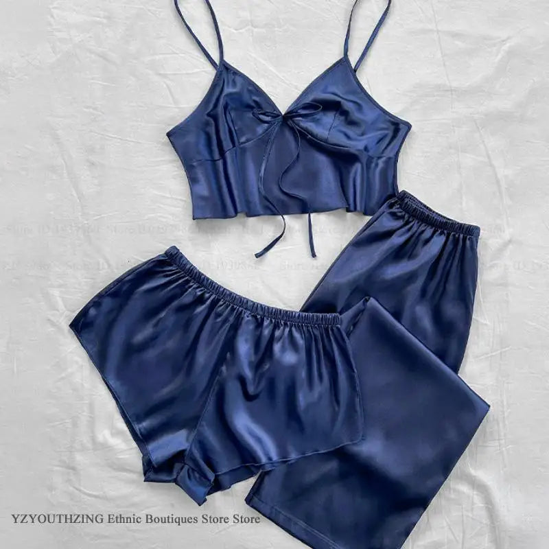 Summer New Women's Sleepwear 3PCS Pajamas Set Sexy Strap Top&shorts Trouser Suits Loungewear Ice Silk Lingerie Home Clothes