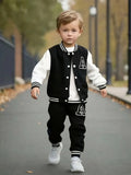 Boys' Black and White Letter "A" Varsity Jacket and Sweatpants Two-Piece Set