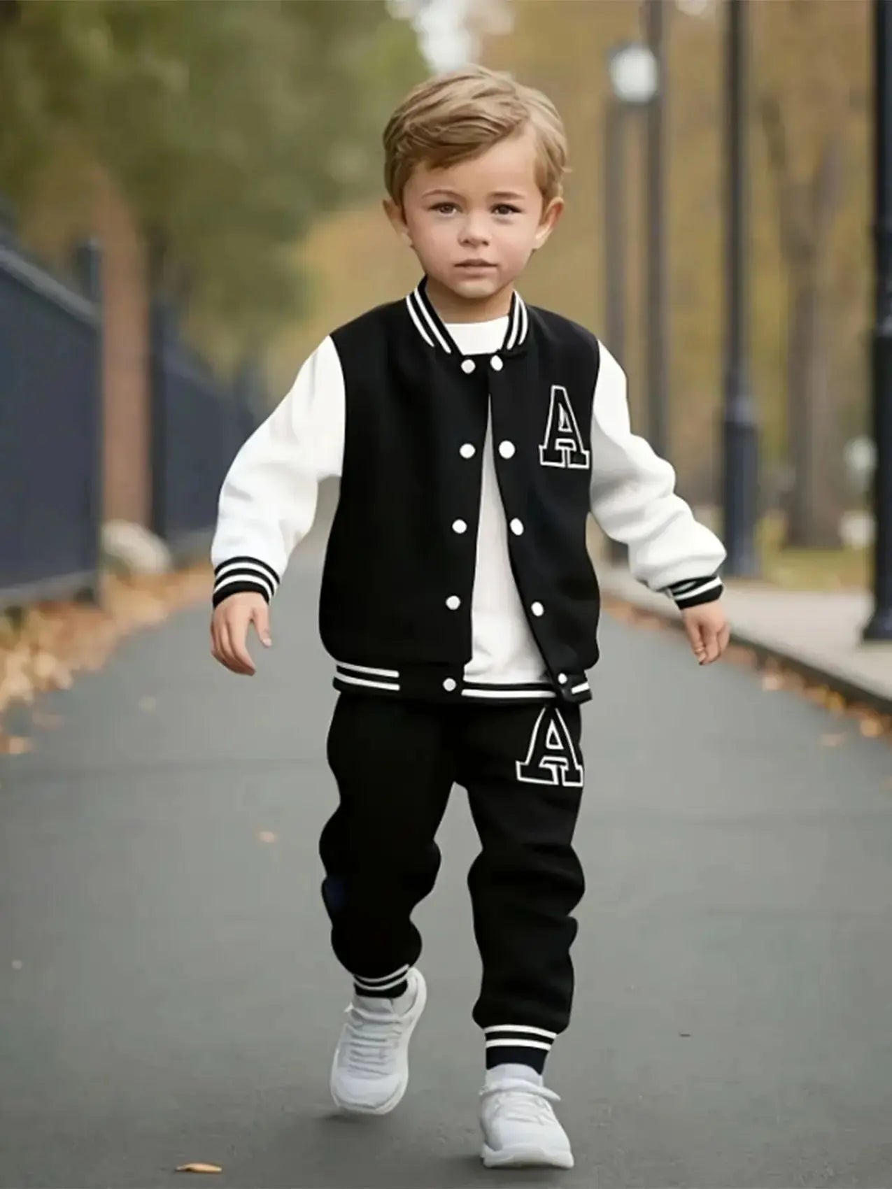 Boys' Black and White Letter "A" Varsity Jacket and Sweatpants Two-Piece Set