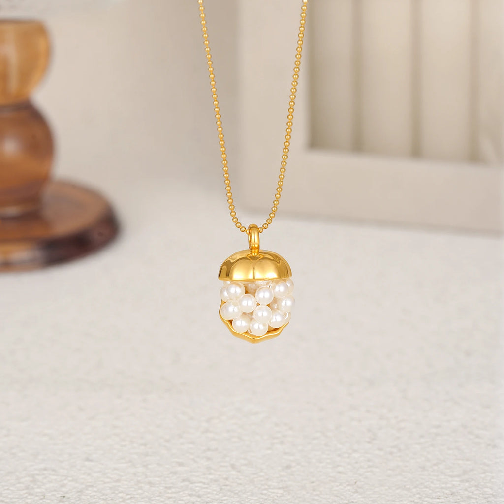 18K Gold Plated Pearls Pendant Necklace Waterproof Stainless Steel Round Bead Chain Chunky Geometric Femal Party Jewelry Gifts