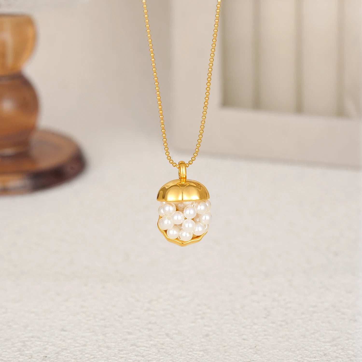 18K Gold Plated Pearls Pendant Necklace Waterproof Stainless Steel Round Bead Chain Chunky Geometric Femal Party Jewelry Gifts