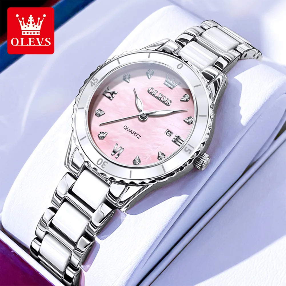 OLEVS Women Watch Diamond Roman Scale Waterproof Calendar Elegant Quartz Watches Ceramic Strap Luxury Original Girls Watch 9985