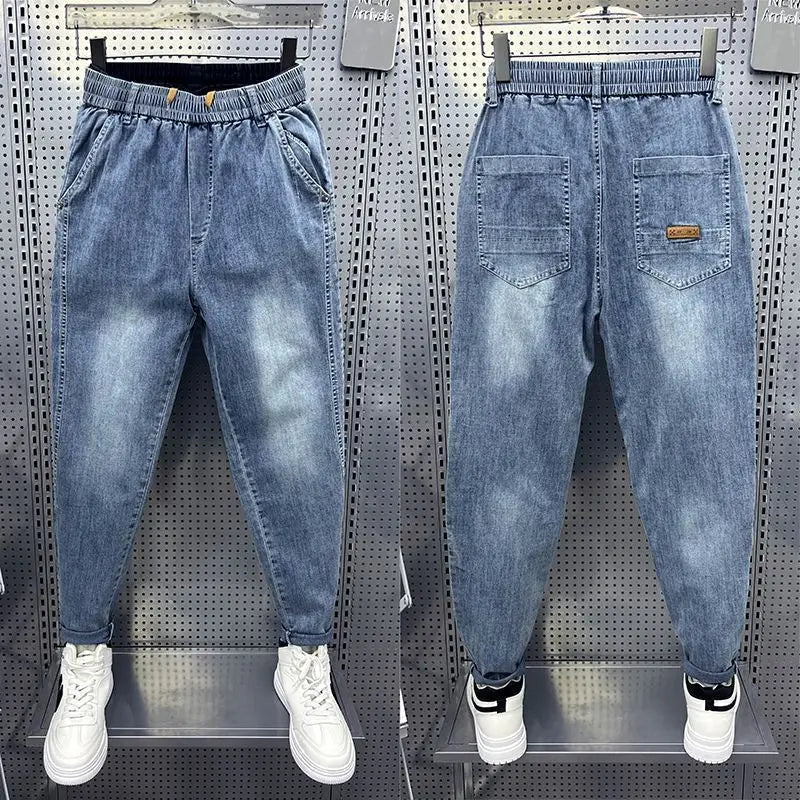 New Men's Loose Harem Jeans Elastic Waistband Slim Straight Leg Pants for Spring Autumn Low Rise Bottom Person Denim Trousers