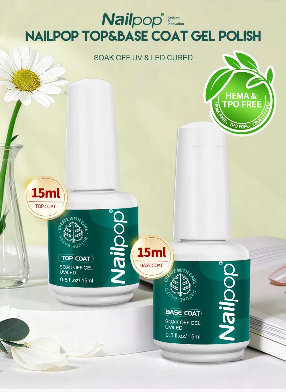 Nailpop HEMA/TPO Free Top Base Coat Gel Polish 15ml Clear Soak Off UV/LED Cured Professional Art Salon Home Use Long Lasting 1Pc