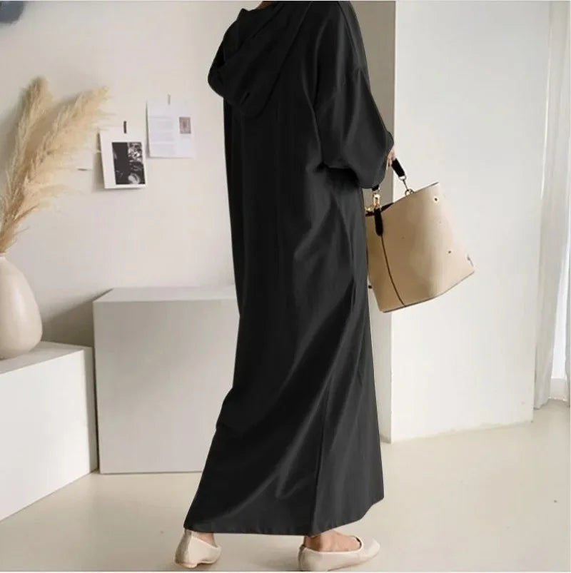 Autumn Women's Dress 2024 New Fashion Simple Retro Hooded Dress Sweatshirt Winter Long Sleeve Pocket Solid Hooded Robe