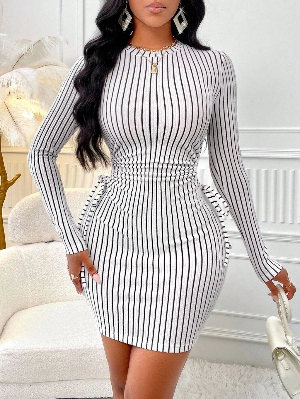 Women's Striped Knit Long Sleeve Dress, Waist Cut Out Tie Design, Slim Fit Elegant Fall & Winter Fashion, Moderate Fabric Thickn