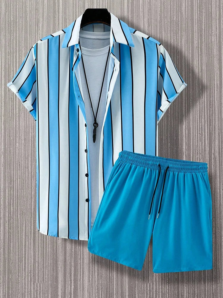 2025 New Men's Hawaii Beach Casual Suit Single Breasted Short Sleeve Shirt And Shorts Summer Vacation Travel Striped Suit