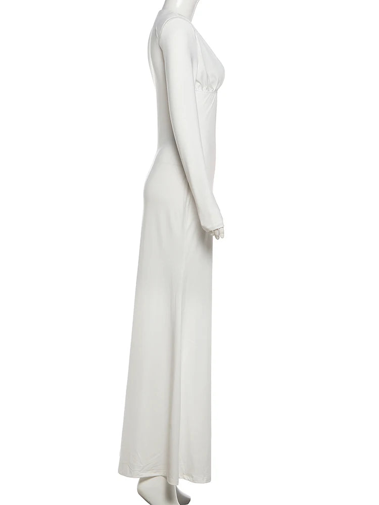 Nibber Sexy Low-Neck Maxi Dress Shoulder Pads Skinny Solid Long Sleeve Elasticity Prom Party Simple Classic Elegant Vestidos