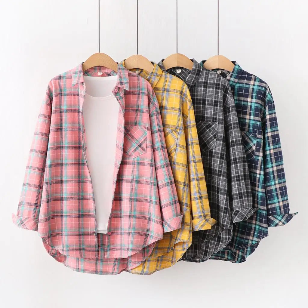 Fresh Flannel Plaid Shirt Women 2025 New Female Blouses and Tops Cotton Loose Long Sleeve Casual Shirts Fine Women's Clothes