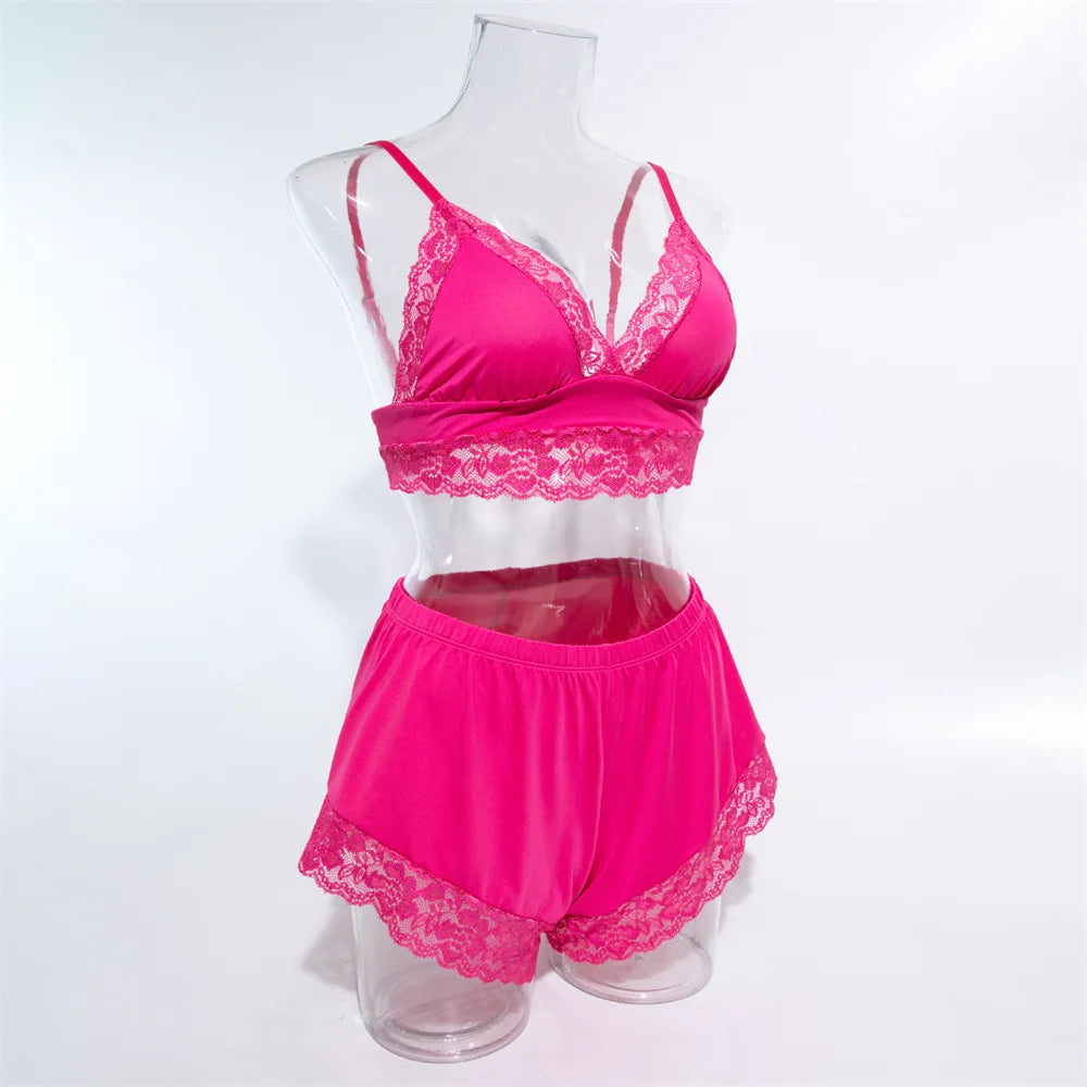 Sexy Lace Splicing Lingeries Sets Woman V Neck Spaghetti Strap Satin Bra And Shorts Pajama Set Casual Home Sleepwear Set