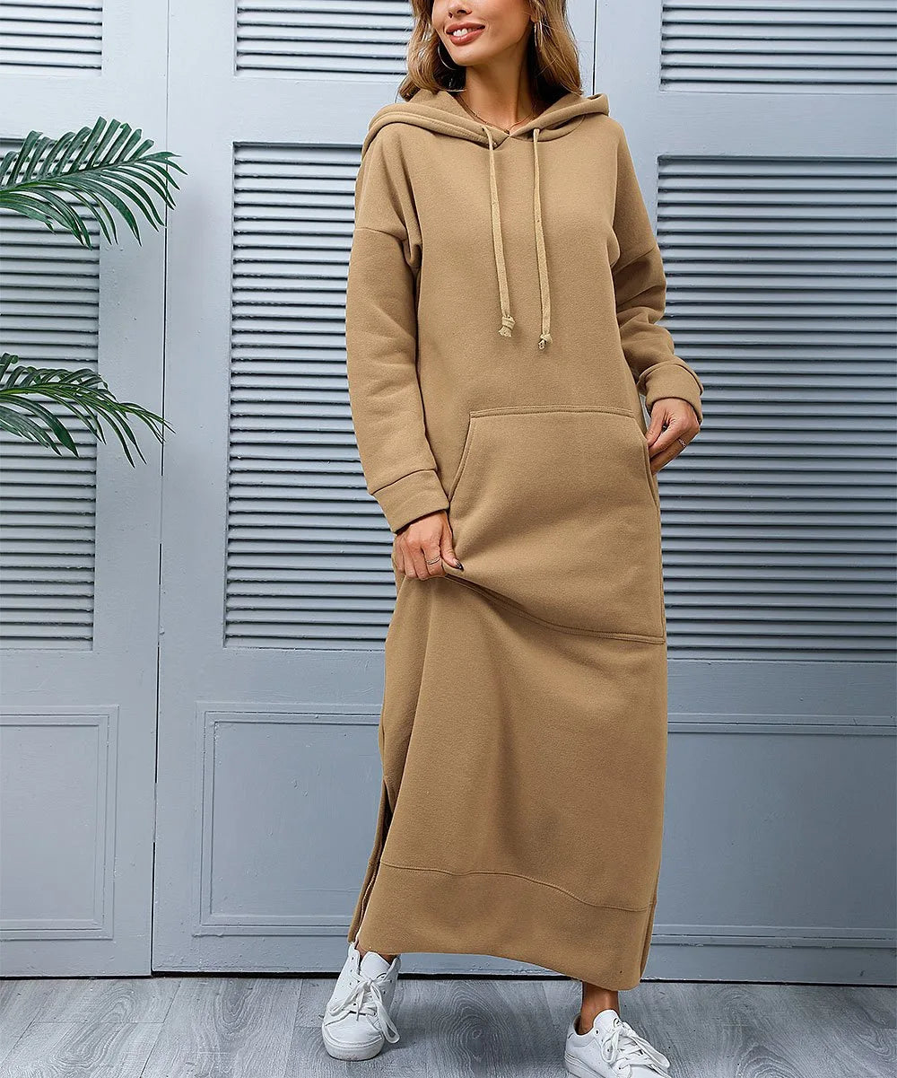 Autumn Winter New plus Size Loose Knitted Long Dress Hoodie Fleece Casual Fashion Dress Large Pocket Skirt Elegant Commute