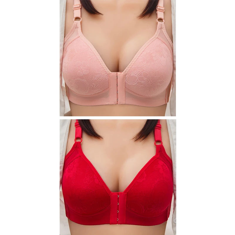 2pcs Womens Front Clasp Full Cup Bras No Steel Ring Support Lace Bralettes Large Size Mom Brassiere Comfort Ventilate Underwears