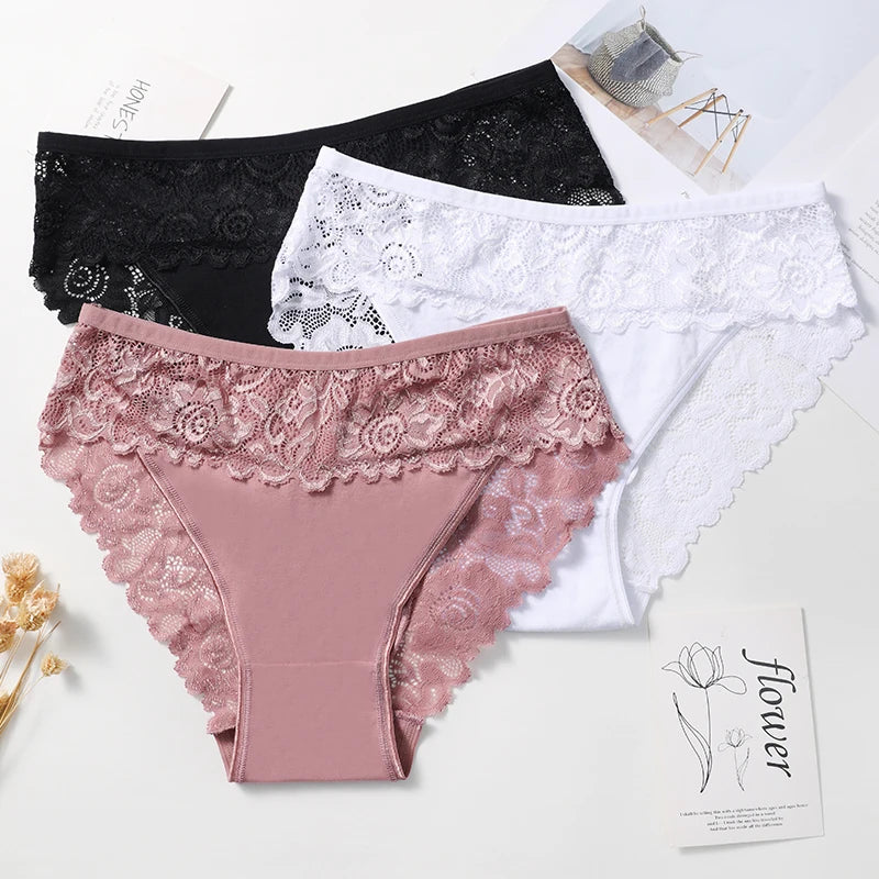 3PCS/Set Lace Cotton Patchwork Panties Women Briefs Solid Color Floral Embroidery Women Briefs Sexy Female Underwear Lingerie