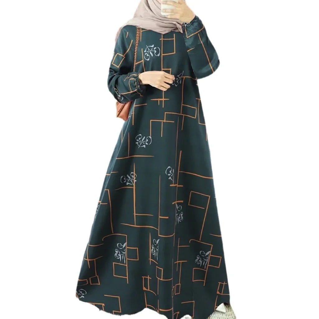 New 2025 Long Sleeve round Neck Printed Loose Fit Maxi Dress Women's Casual Wear Middle East Muslim Style Cross Border Fashion