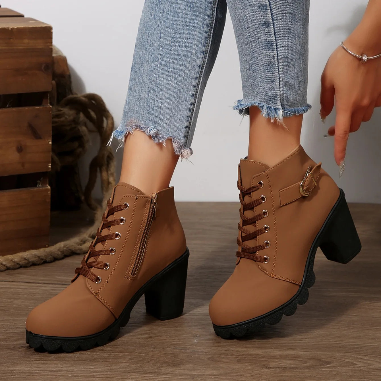 2025 Women High Heel Ankle Boots Autumn Lace Up Comfortable Short Boots Retro Fashion New Trend Lady Shoes Women Botas De Mujer