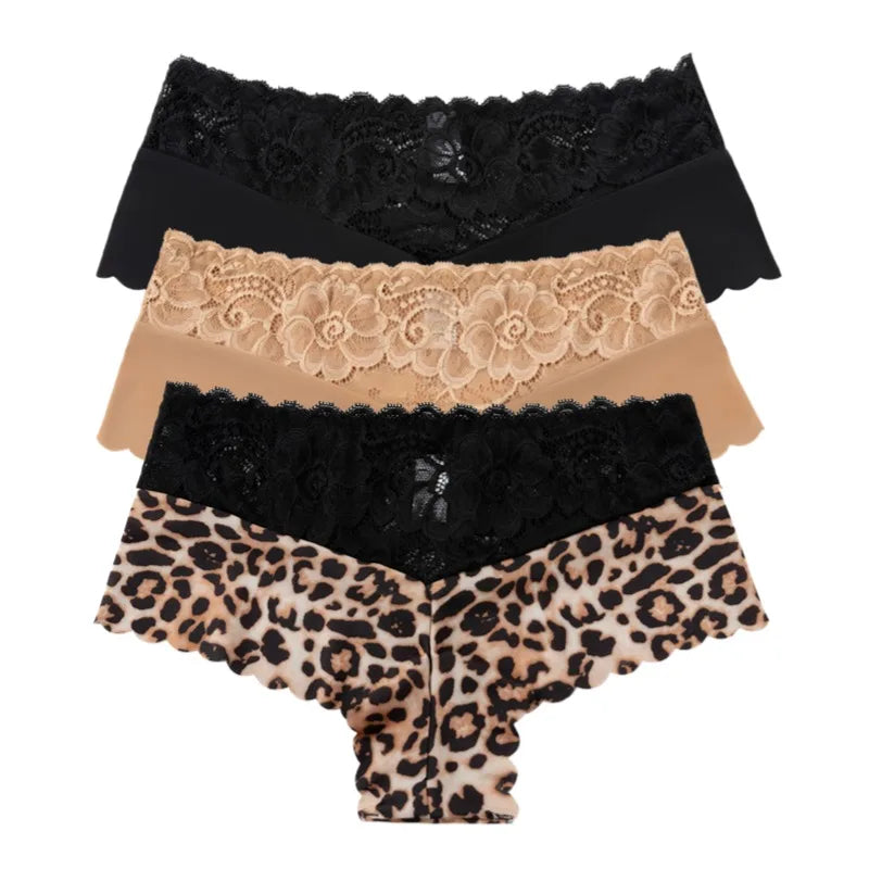 Women's 3 Pieces Panties Sexy Leopard Lace Lingerie Woman Underwear Ladies Underpants Solid Color Woman Clothing Knickers