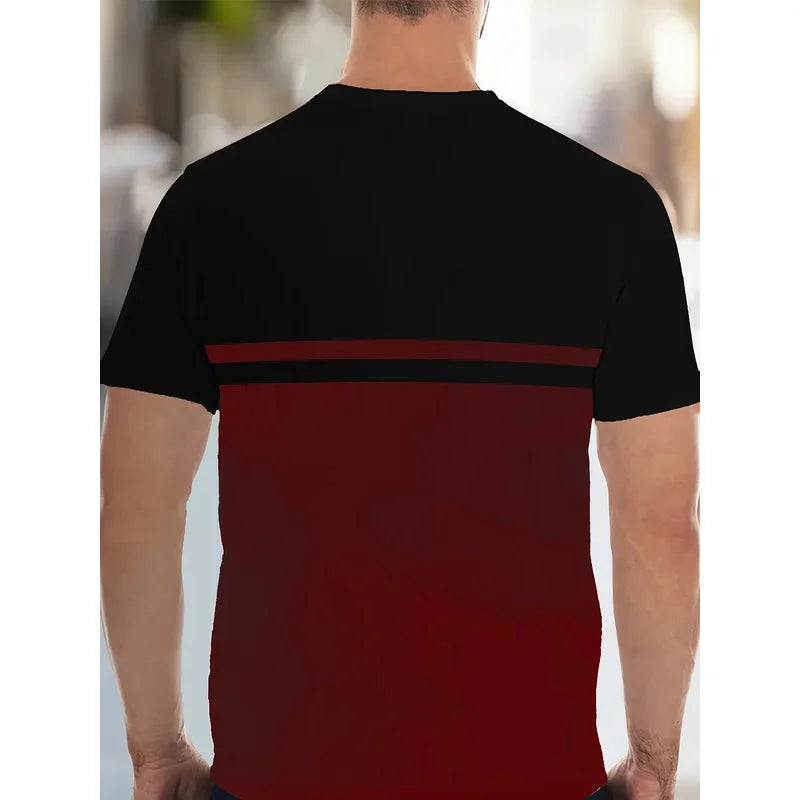 New 3D round-neck men's T-shirt, made of casual polyester knitted fabric, elastic and light, regular fit, striped pattern