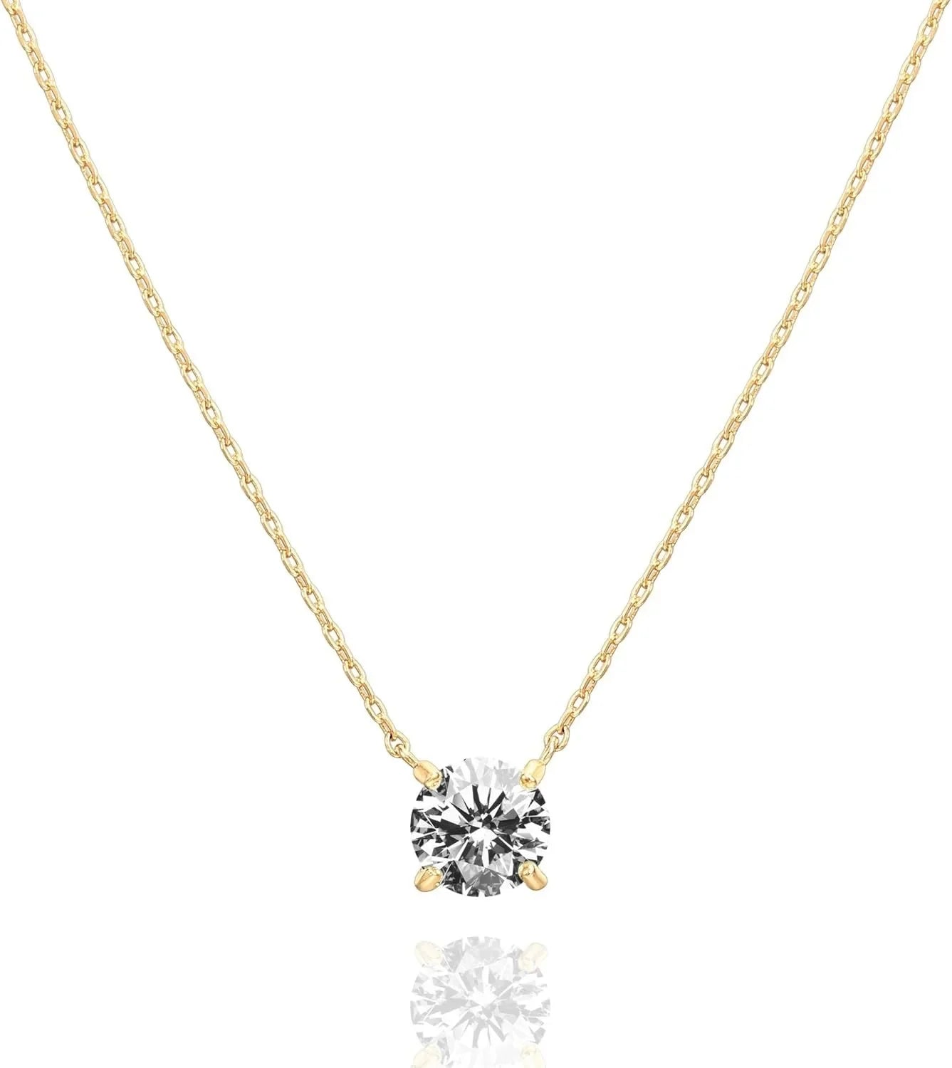 14K Gold Plated Silver Plated Crystal Solitaire 1.5 Carat (7.3mm) Cubic Zirconia Dainty Choker Necklace Gold Necklaces for Women