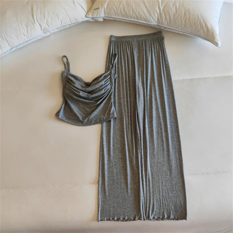 Sexy Lingerie Trousers Sets New Modal Sleepwear Women's Spring Summer Camisole Pants Two-piece Set Chest Pad Home Wear Pajamas