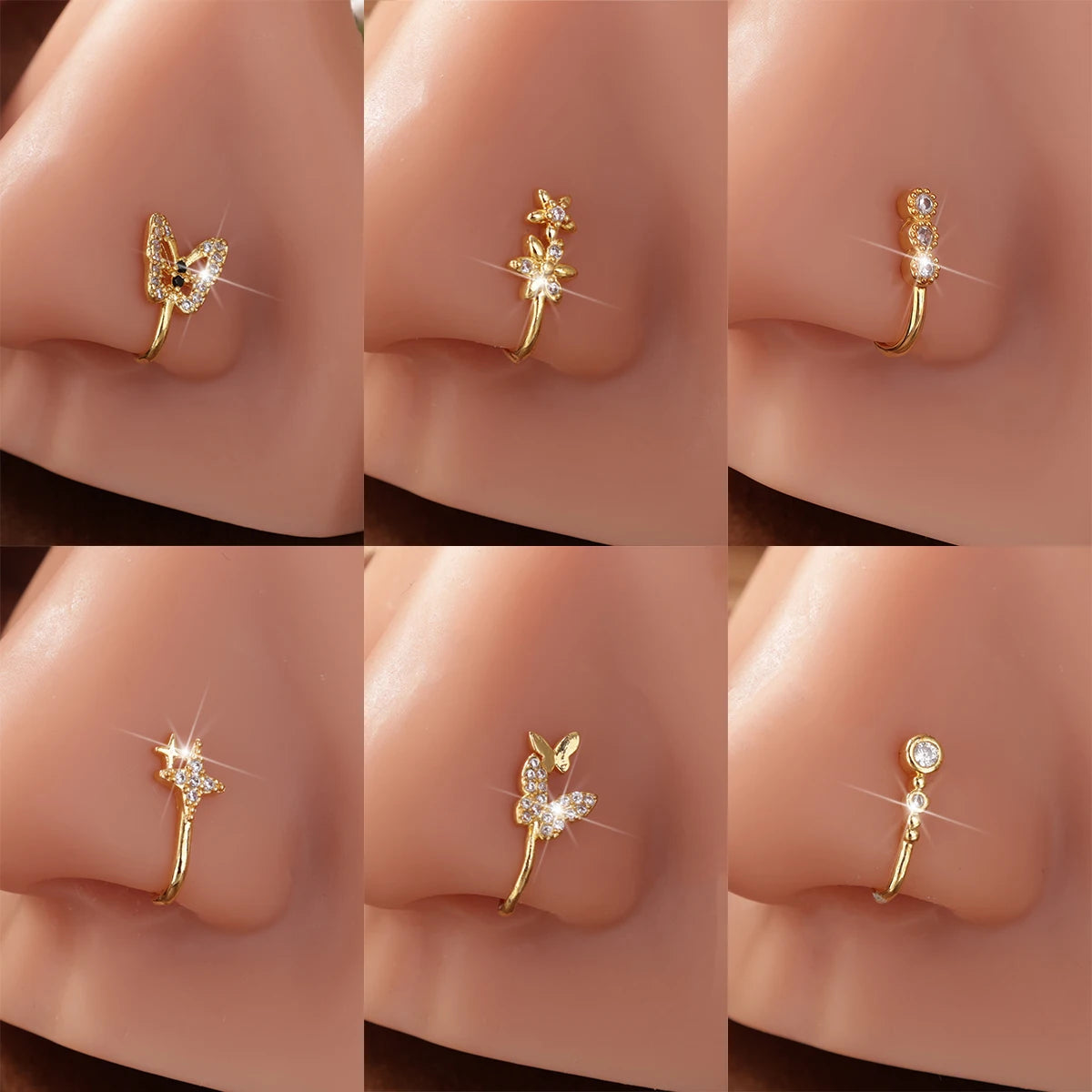 6PCS Fake Nose Ring CZ African Nose Cuffs Gold Fake Nose Piercing Faux Septum Nose Rings Clip On Nose Jewelry For Women