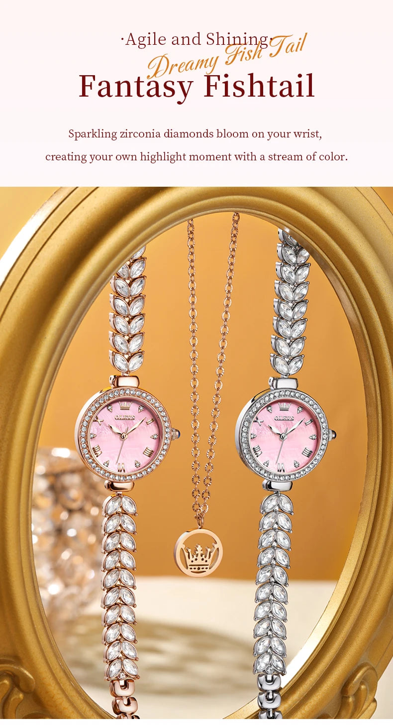 OLEVS 9971 Original Quartz Watches for Woman Fashion Full Diamond Mermaid Bracelet Wrist Watch Luxury Elegant Ladies Dress Watch